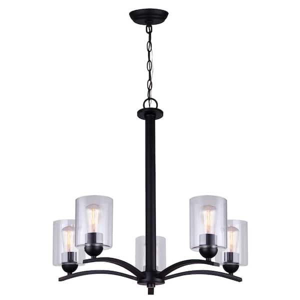 CANARM Hampton 5-Light Matte Black Chandelier with Clear Glass Shades