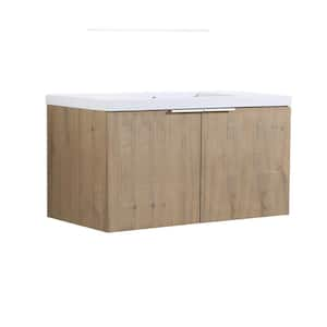 35.43 in. W x 18.12 in. D x 19.25 in. H Floating Wall-Mounted Bathroom Vanity in Imitative Oak with White Resin Top