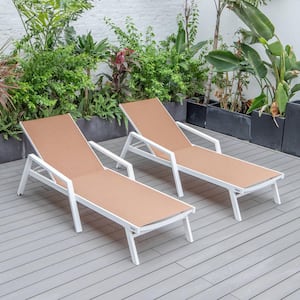 White Powder Coated Aluminum Frame Marlin Modern Patio Chaise Lounge Arm Chair with White Light Brown (Set of 2)