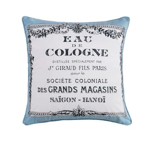 Montecito Blue, Grey, White Vintage Eau De Cologne Screenprint 18 in x 18 in. Throw Pillow