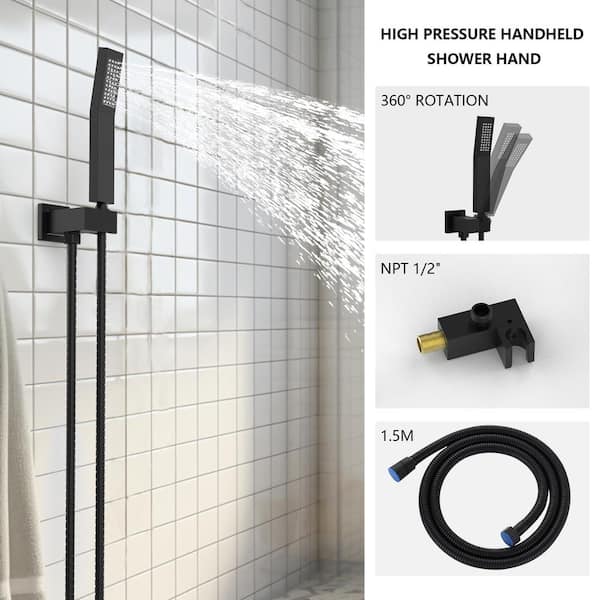 1-Spray Patterns with 2.2 GPM 10 in. Sq. Wall Mount Fixed Shower Head with Hand Shower in Matte Black