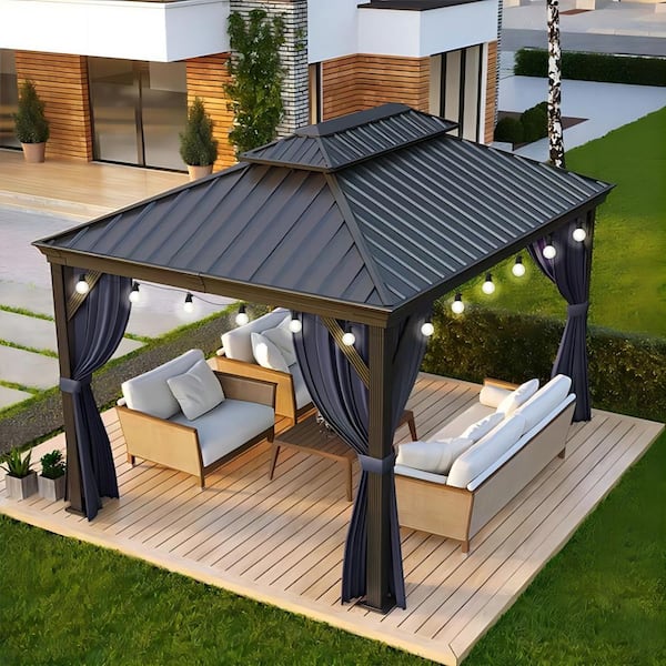 PURPLE LEAF 10 ft. x 12 ft. Gray Patio Outdoor Gazebo for Backyard Hardtop Aluminum Frame with Hooks,Upgrade Blue Curtain 24-Lights