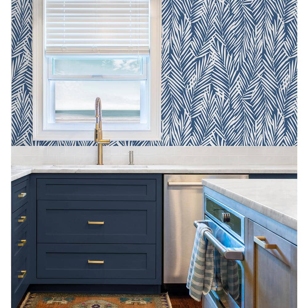 Coastal Blue Palm Leaf Peel and Stick Vinyl Wallpaper Roll