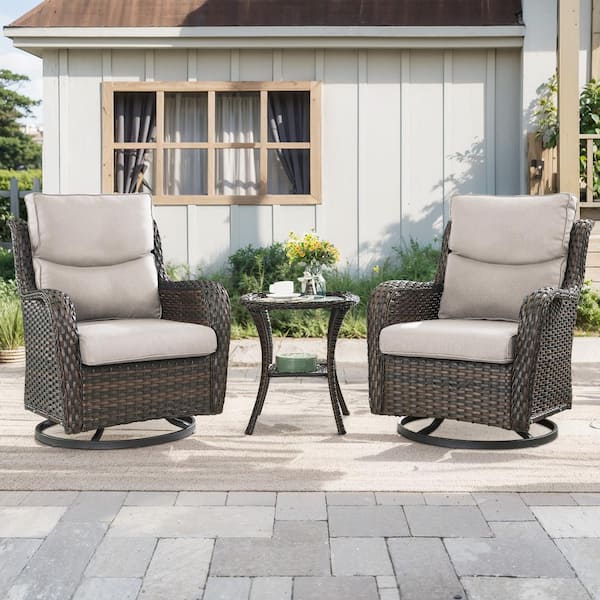 Gymojoy Carolina Brown Wicker 3-Piece Outdoor Swivel Glider Set Outdoor Conversation Set with Beige Thick Cushions