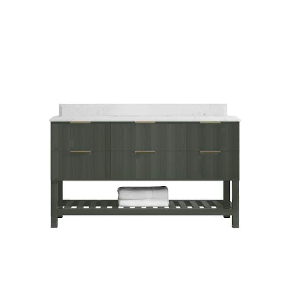 Willow Collections Catalina 60 in. Single Sink Freestanding Pewter Green Bath Vanity with Empira White Qt. Top Unassembled