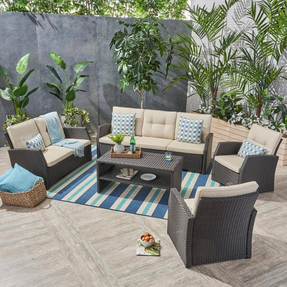 Sanger Dark Brown 5-Piece Faux Rattan Patio Conversation Set with Beige Cushions price history on PriceWatchPro
