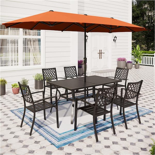 PHI VILLA 8-Piece Metal Patio Outdoor Dining Set with Umbrella
