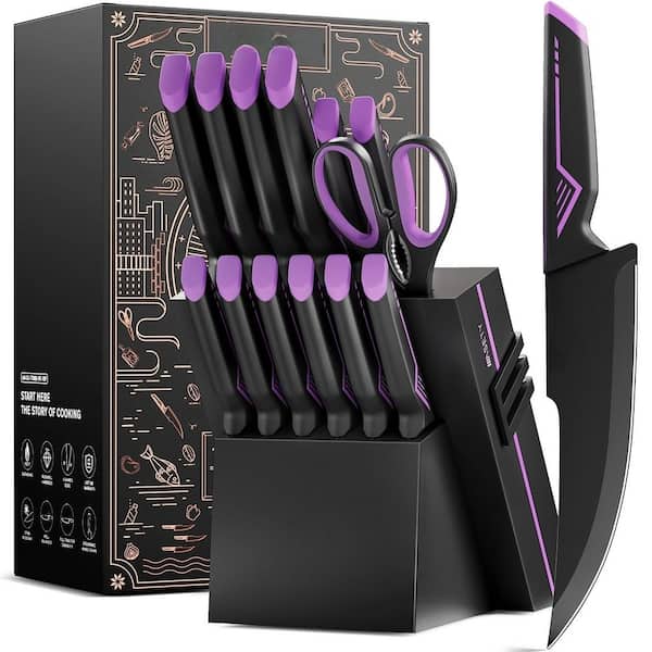 15-Piece Elegant Purple High Carbon Stainless Steel Plain Kitchen Knife Set with Built-in Knife Sharpener Block