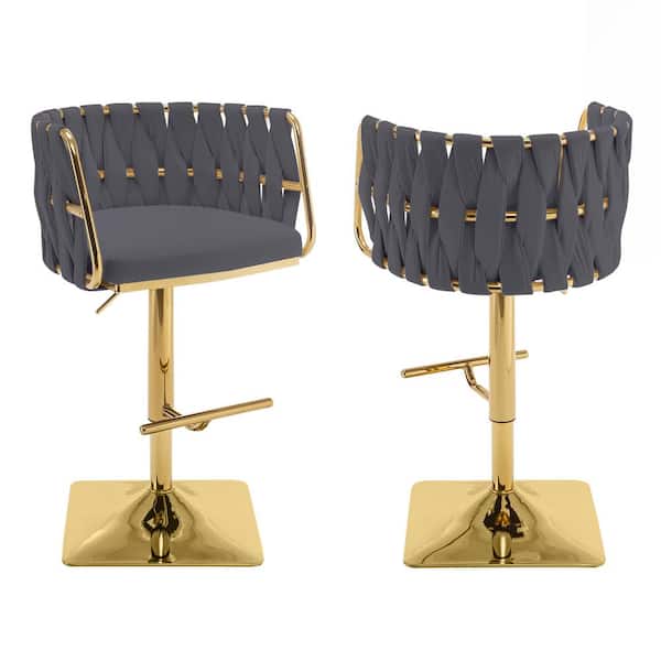 Best Quality Furniture Debra 34 in. Upholstered Dark Gray Low Back Gold Metal Frame Adjustable Bar Stool with Velvet Fabric (Set of 2)