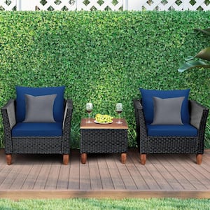 3-Pieces Wicker Patio Conversation Set Outdoor Rattan Furniture Set Wooden Table Top with Navy Cushions