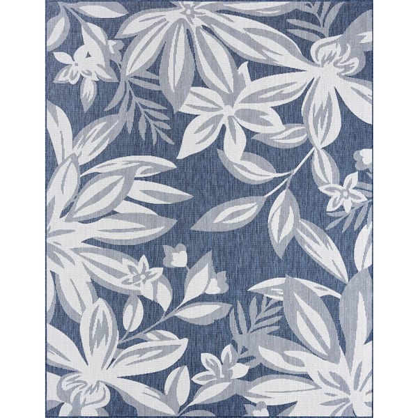 Tayse Rugs Eco Floral Navy 8 ft. x 10 ft. Indoor/Outdoor Area Rug
