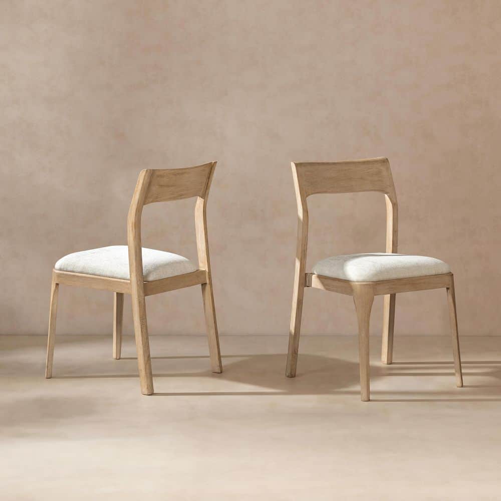 Bryson Upholstered Reclaimed Pine Wood Dining Chair Set of 2, Light Natural Brown, Soft Flax Light Beige Chenille