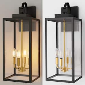 24 in. 4-Light Black and Brass Large Size Outdoor Hardwired Wall Lantern Sconce With Clear Glass for Entryway Garage