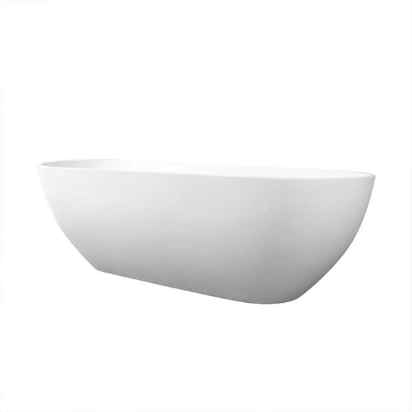 68.9 in. x 29.5 in. Straight Top Freestanding Soaking Bathtub Stone Resin Bathroom Tub with Center Drain in White