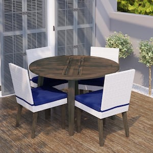 5-Piece Wicker and Acacia Wood Outdoor Dining Set with 4 Dining Chairs with Navy Blue Cushions
