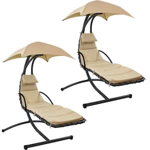 2-Piece Steel Outdoor Floating Chaise Lounge Chair with Canopy and Beige Cushions