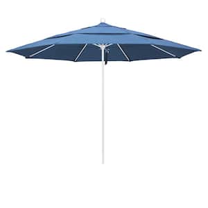 11 ft. White Aluminum Commercial Market Patio Umbrella with Fiberglass Ribs and Pulley Lift in Frost Blue Olefin