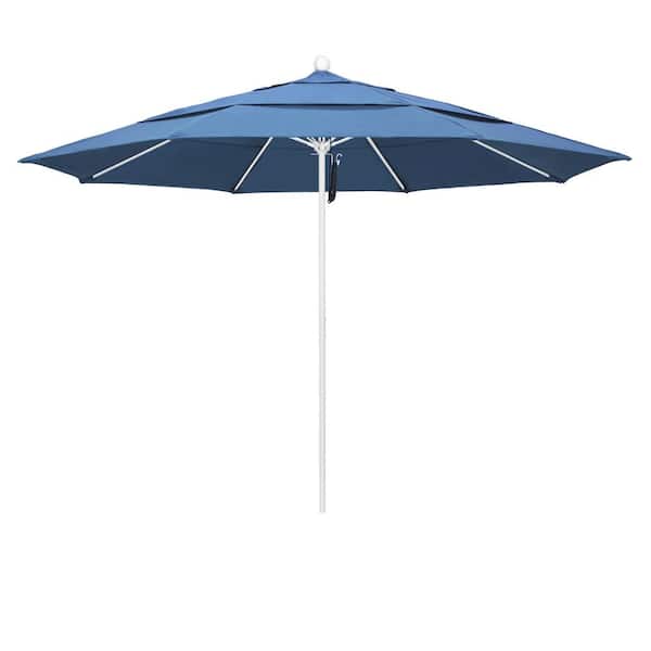 California Umbrella 11 ft. White Aluminum Commercial Market Patio Umbrella with Fiberglass Ribs and Pulley Lift in Frost Blue Olefin
