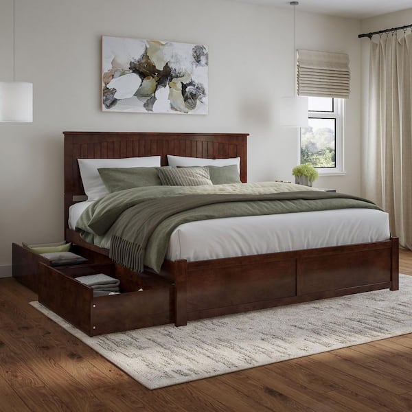 Nantucket Walnut Brown Solid Wood Frame King Platform Bed with Footboard and Storage Drawers