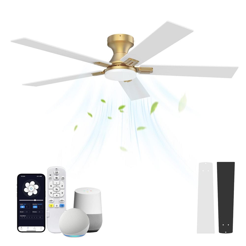 52 in. Gold Low Profile Flush Mount Outdoor Indoor Ceiling Fan with LED Light,Remote/App/Alexa Google DC Motor, 6 speeds