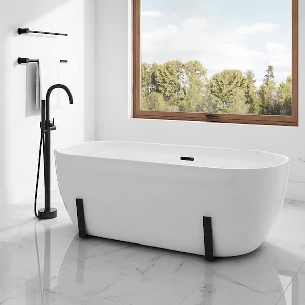 OVE Decors Sayuri 63 in. Acrylic Freestanding Flatbottom Bathtub in White with Overflow and Drain in Black Included