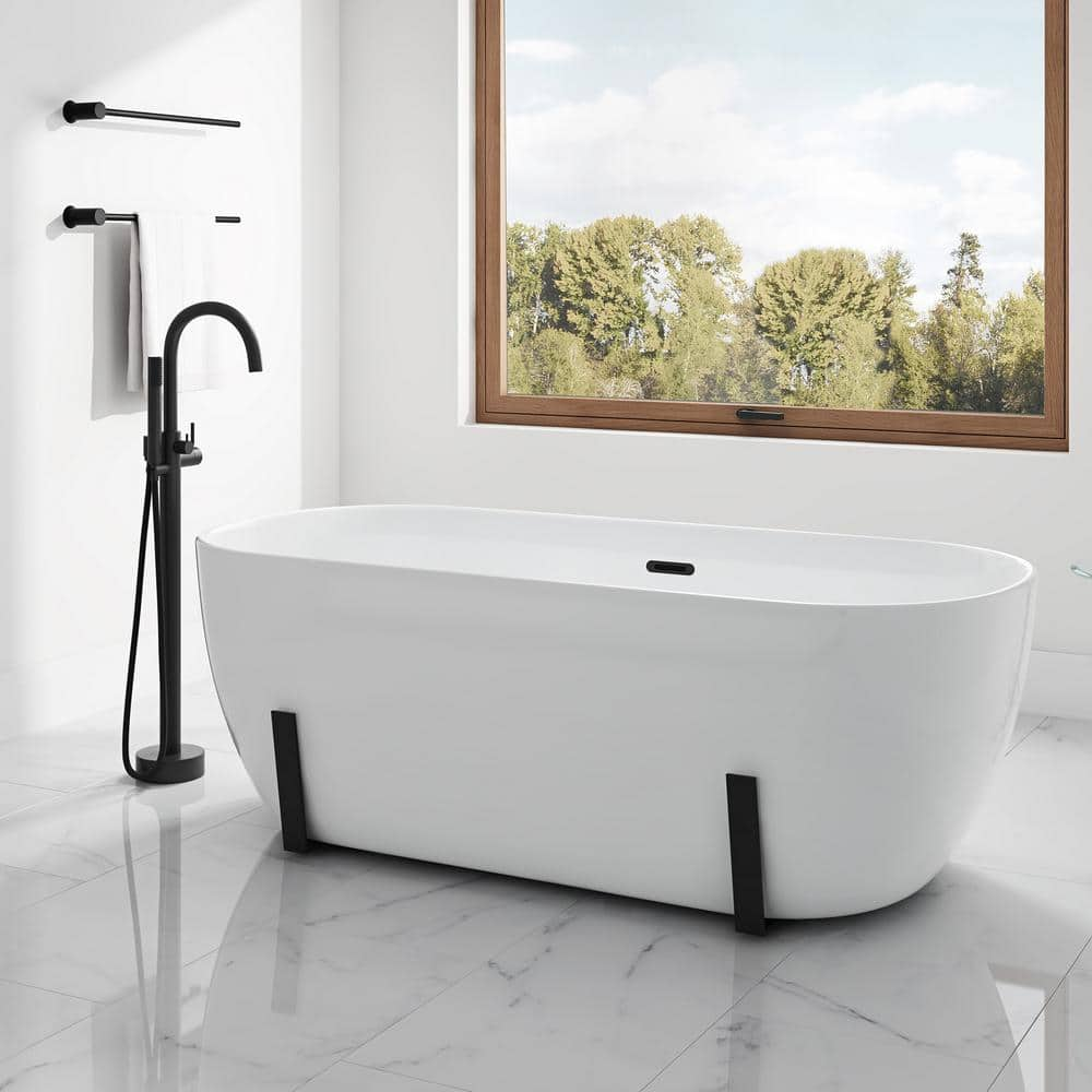 Sayuri 63 in. Freestanding Flatbottom Soaking Bathtub with Center Drain in White Including Black Hardware -  OVE Decors, TU-GIAN63-BLKMO