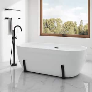 Sayuri 63 in. Freestanding Flatbottom Soaking Bathtub with Center Drain in White Including Black Hardware