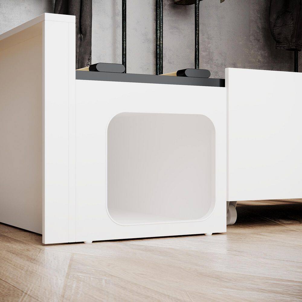 White Wooden Frame Queen Size Platform Bed, Panel Bed with 4 Large Drawers, 2 Open Shelves and Cat Tunnel - thumbnail 9