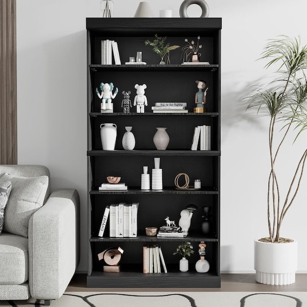 62 in. Tall Black Wood 4-Shelf Standard Bookcase with Adjustable Shelves