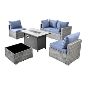 Sanibel Gray 6-Piece Wicker Outdoor Patio Conversation Sofa Sectional Set with a Metal Fire Pit and Denim Blue Cushions