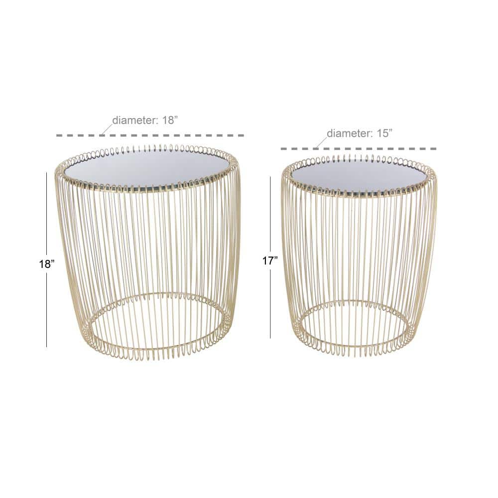 Elegant Gold Metal and Black Glass Round Accent Table Set