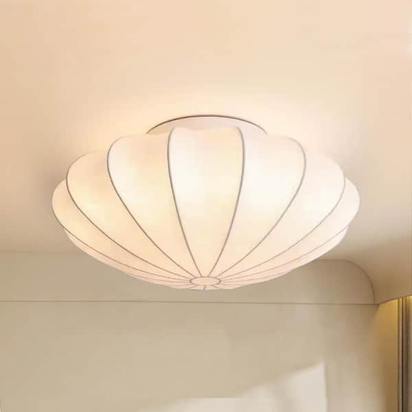 Kateo 15 3/4" W 1-Light White Oval Umbrella Shell Semi-Flush Mount with Cream Faux Silk Shade for Living Room