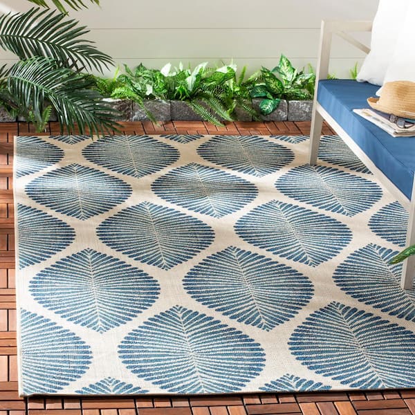 Courtyard Beige/Navy 9 ft. x 12 ft. Leaf Geometric Indoor/Outdoor Area Rug