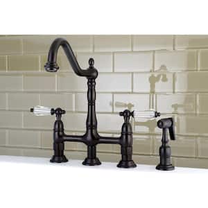 Victorian Crystal 2-Handle Bridge Kitchen Faucet with Side Sprayer in Oil Rubbed Bronze