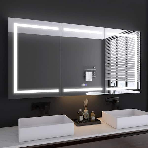 72 in. W x 36 in. H Rectangular Silver Aluminum Recessed/Surface Mount Medicine Cabinet with Mirror and LED