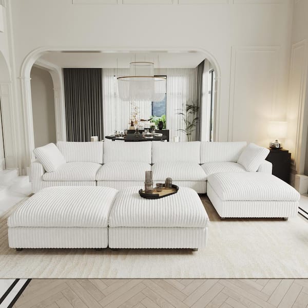 Magic Home Lawson Cloud Couch 157 in. Square Arm Velvet Solid Wood Modular Convertible Sofa with Ottomans, Washable Covers in White