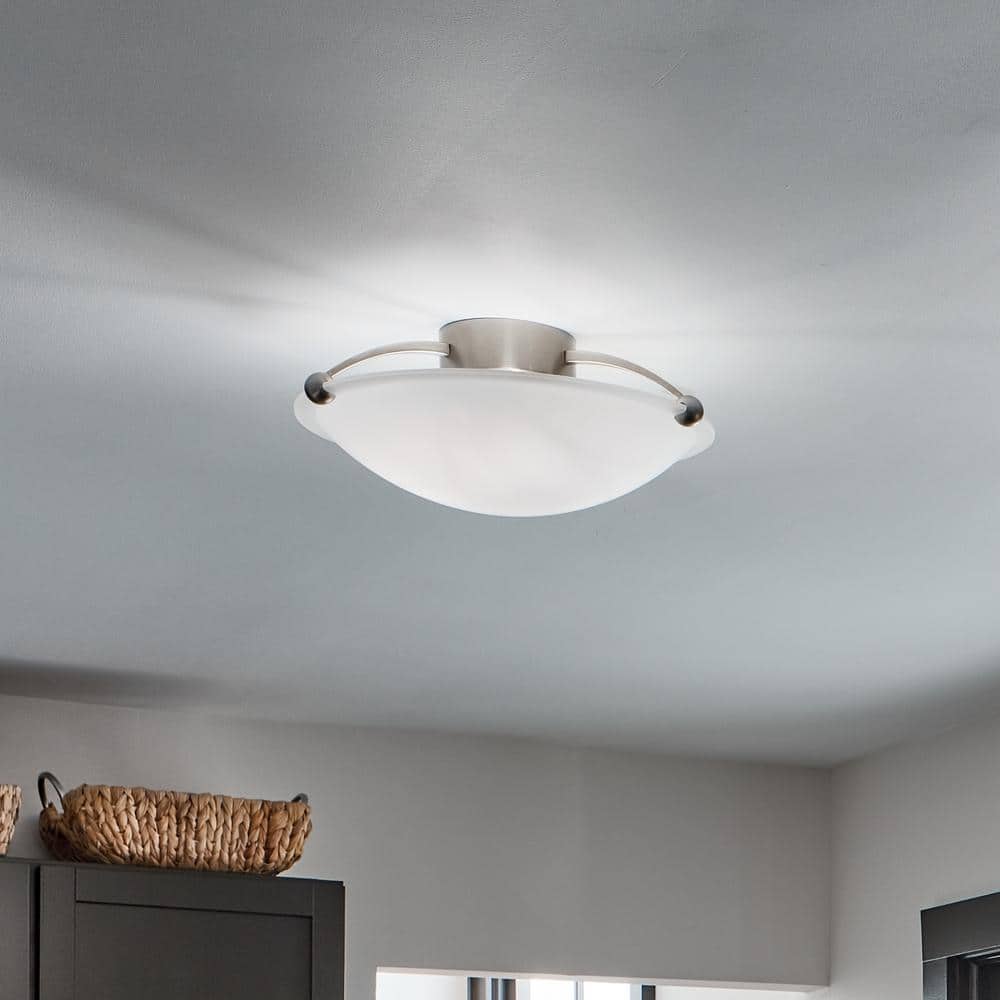 17" Brushed Nickel and White Glass Bowl Ceiling Light