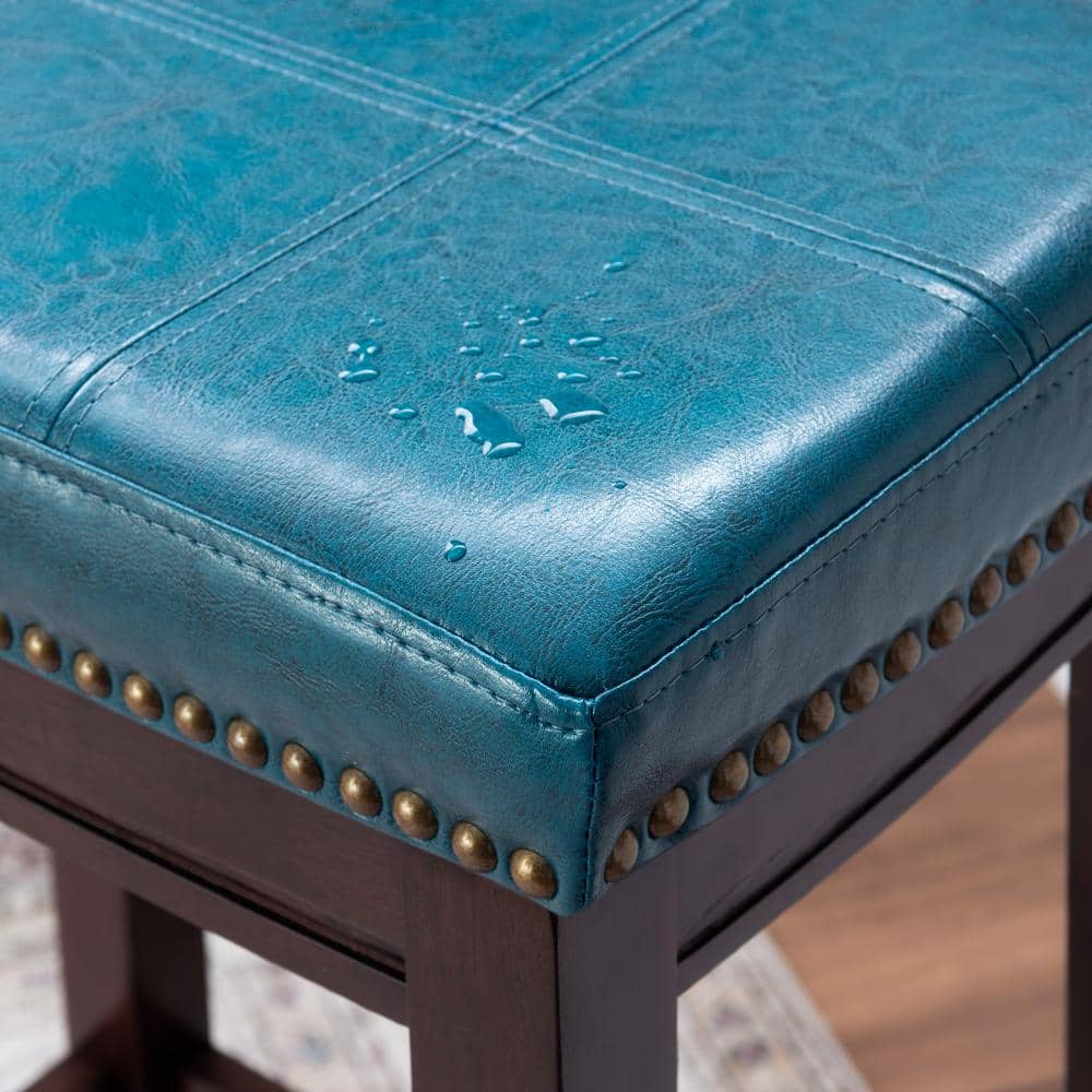Claridge Dark Brown & Blue Faux Leather 32" Backless Saddle Bar Stool