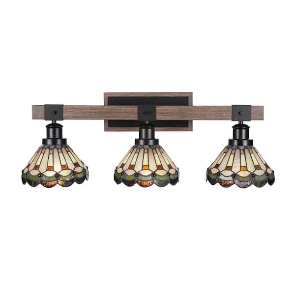 Unbranded Richmond 27.75 in. 3-Light Vanity Light Matte Black and Wood-look Metal with 7 in. Cyprus Art Glass no bulbs included