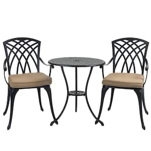 Black 3-Piece Metal Outdoor Bistro Set with Beige Cushion and Umbrella Hole