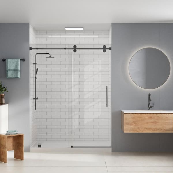 32 in. L x 60 in. W x 96 in. H Alcove Shower Stall/Kit Sliding Door in Matte Black with Left Drain and Brick Wall