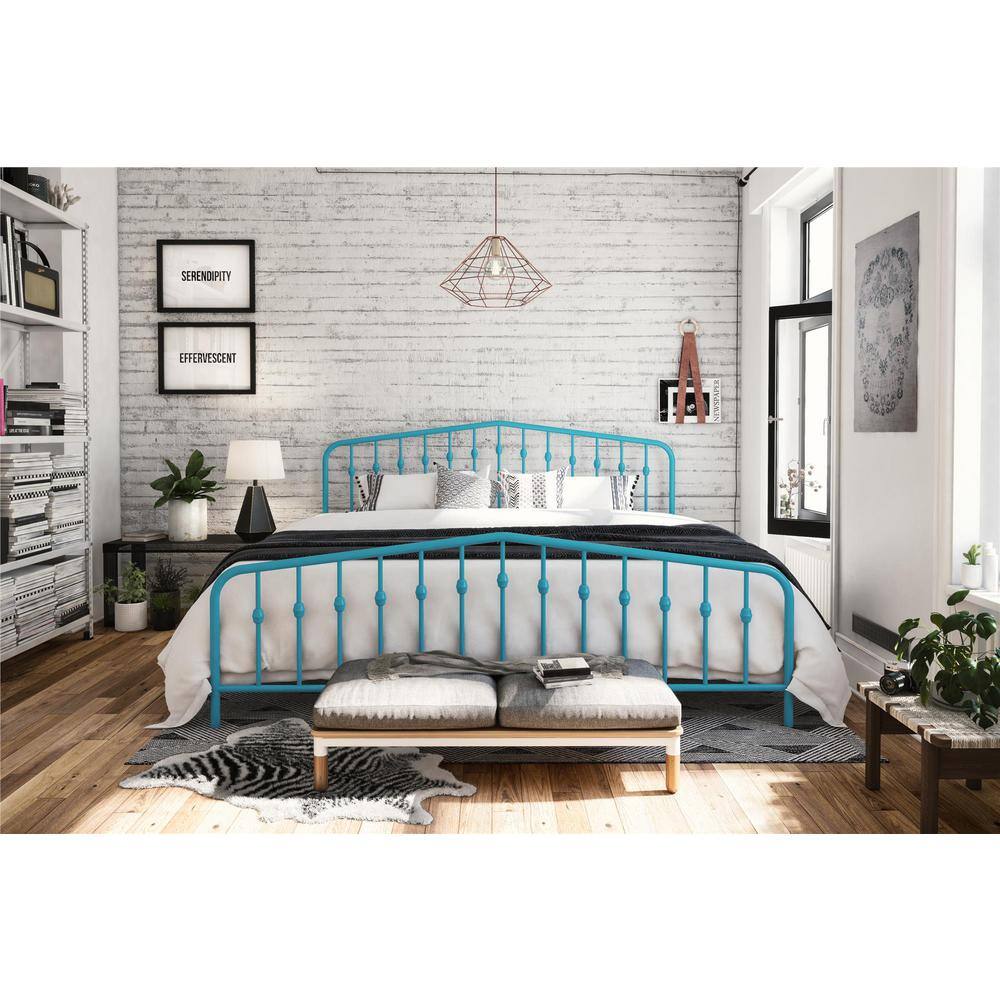 Sea Blue King Metal Frame Upholstered Bed with Drawer