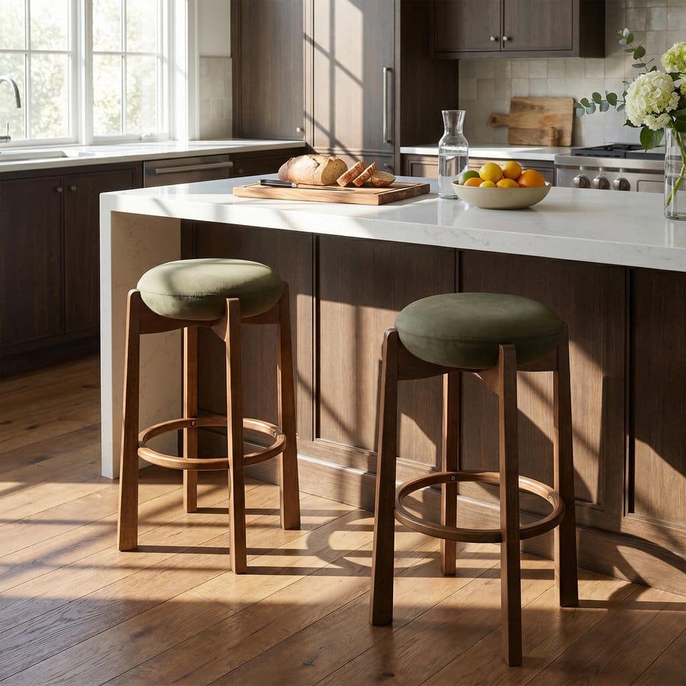 Hendric Modern 30 in. H Dark Walnut Finish Wood Frame and Green Velvet Upholstery Bar Stool with Footrest, Set of 2 price history on PriceWatchPro