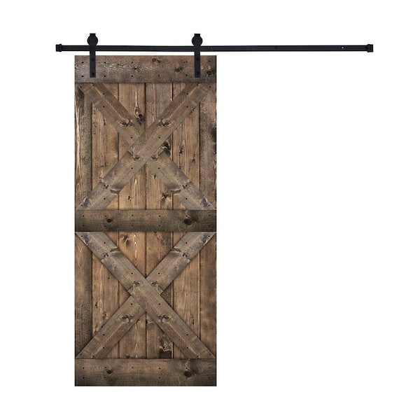 Akicon Paneled 24 in. x 84 in. 9 Panel Jacobean-MXX Wood Sliding Door Double X Brace