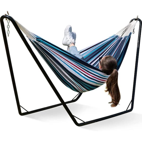 Unbranded 9 ft. Hammocks with Stand Included, Space Saving Steel V-Type for 2 Person, Standing Hammocks（ Denim）