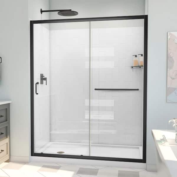 DreamLine 34 in. L x 60 in. W x 78-3/4 in. H Sliding Shower Door Base and White Shower Wall Kit in Matte Black and Clear Glass