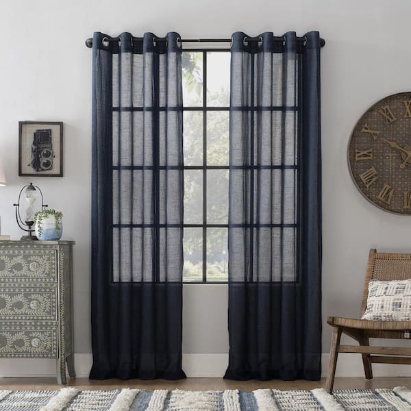 Sun Zero Akari Navy Linen Polyester Blend 52 in. W x 63 in. L Grommet Light Filtering Curtain (Single Panel)