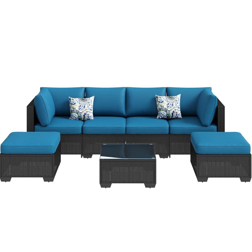 7-Piece Wicker Outdoor Sectional Sofa Set with Blue Cushions, Ottomans price history on PriceWatchPro