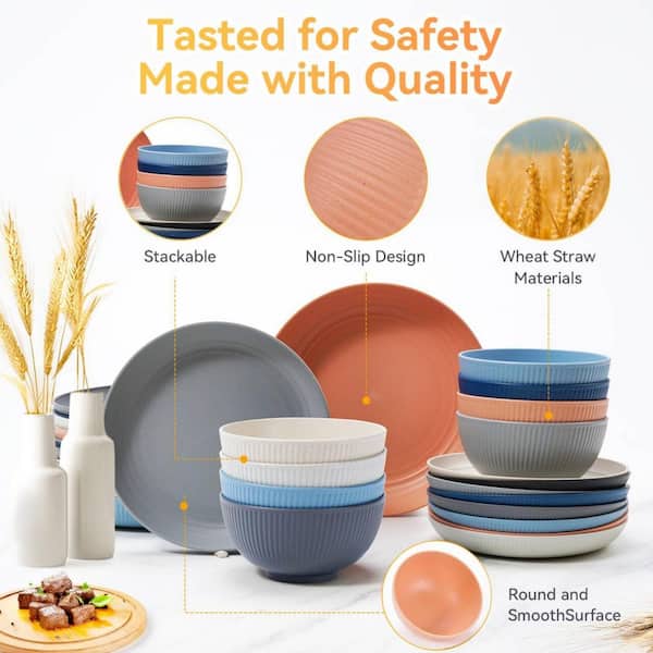 Numhew 64-Piece Black Wheat Straw Dinnerware Set Service for 8