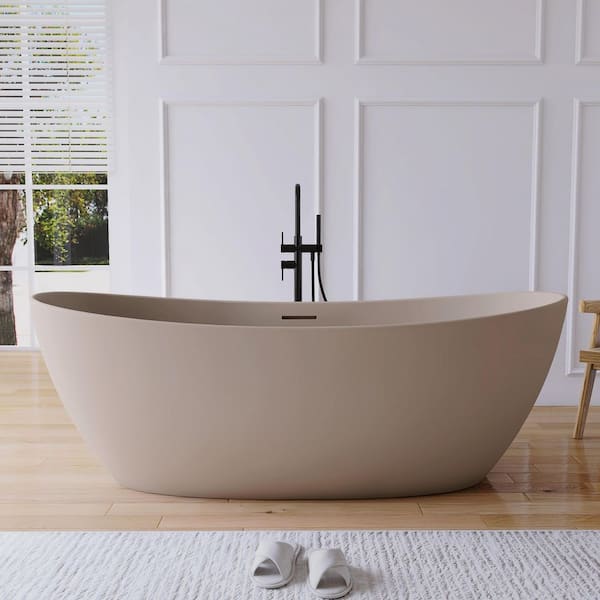 Cyrena 73 in. x 33 in. Stone Resin Solid Surface Flatbottom Freestanding Soaking Bathtub in Taupe